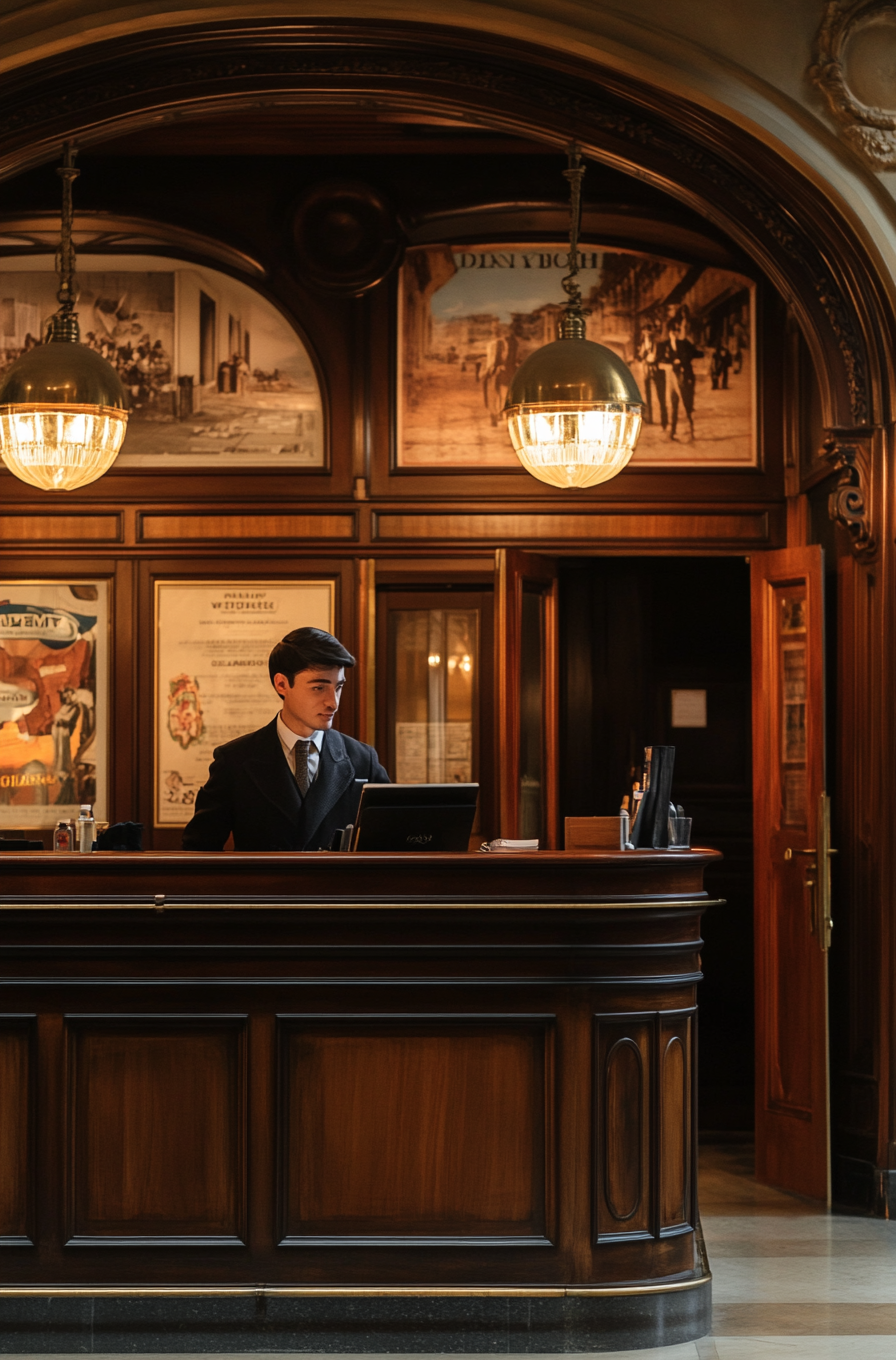 Nostalgic hotel reception with vintage European atmosphere.