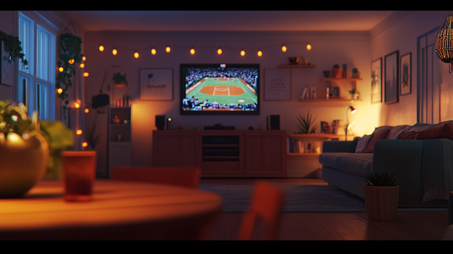 Nostalgic living room with basketball games on TV.