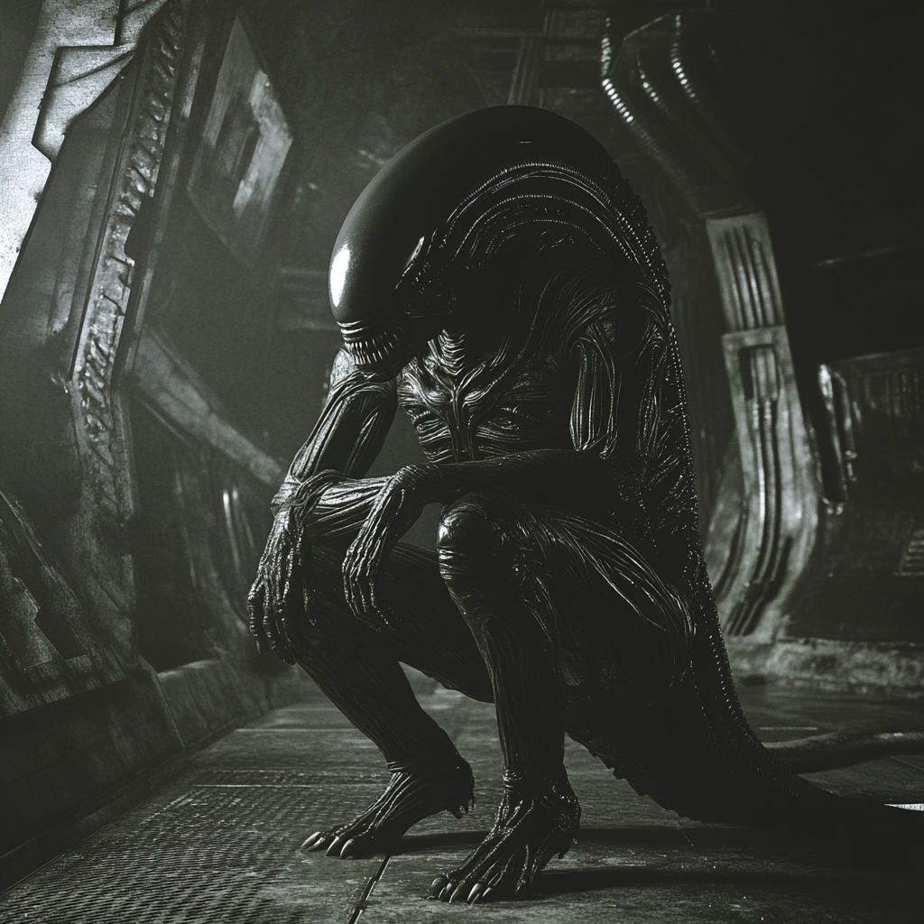 Nostromo xenomorph hiding in darkness, cinematic and realistic.