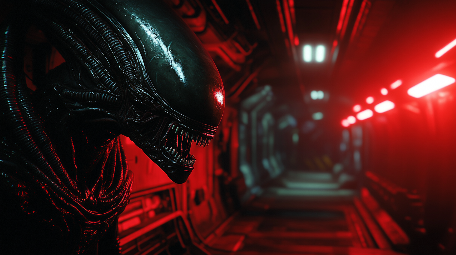 Nostromo xenomorph lurking in dark corridor of spaceship.