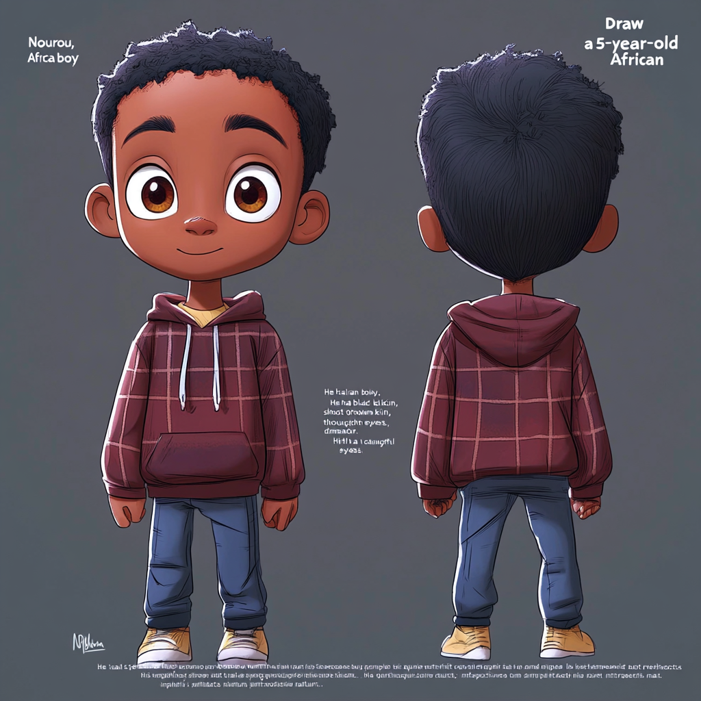 Nourou, a 5-year-old African boy, with brown skin, short black hair, and large thoughtful eyes.