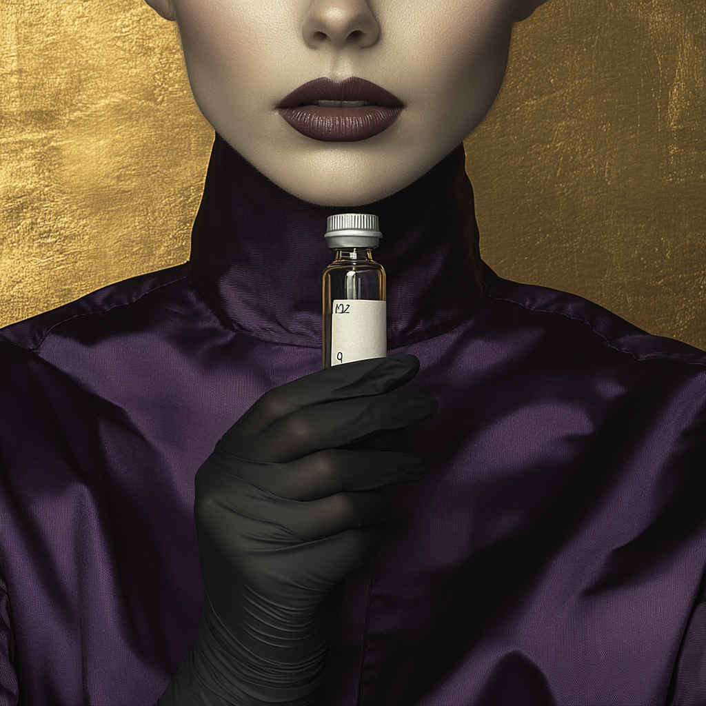 Nurse in purple scrub holding glass vial. Gold background.