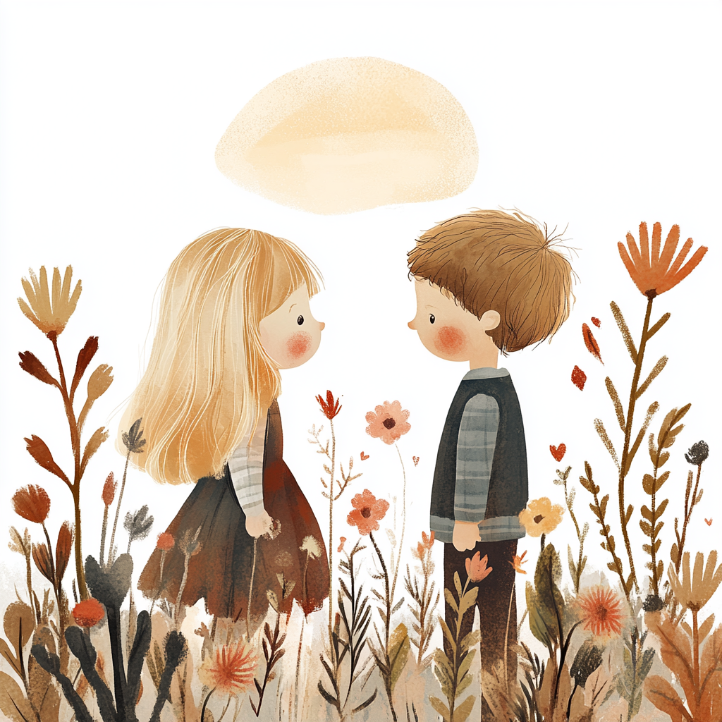 Nursery art of kids at sunset, Jon Klassen style 