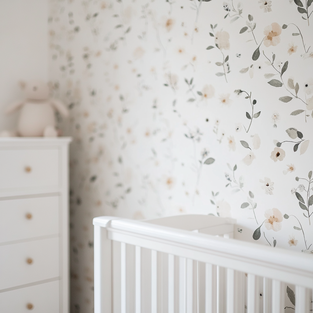 Nursery wall with central wallpaper space, white crib blurred