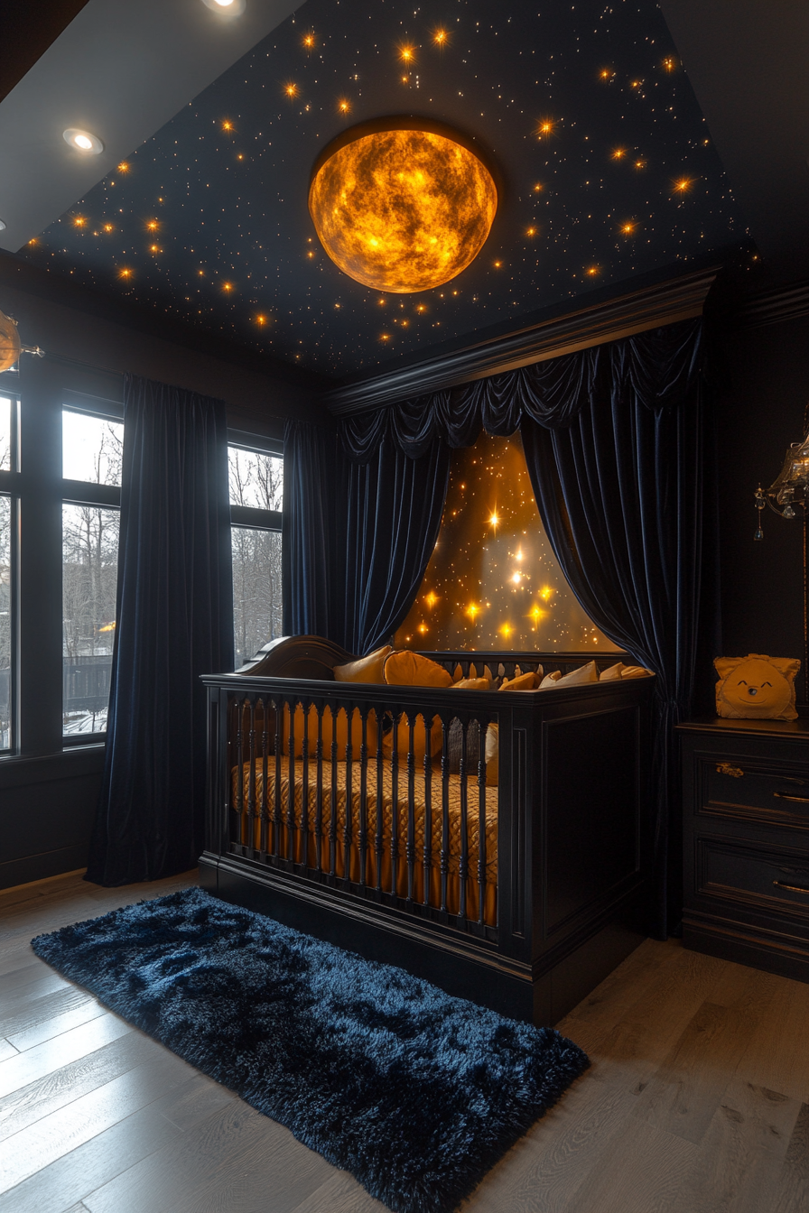 Nursery with celestial mural, dark crib, enchanting decor.