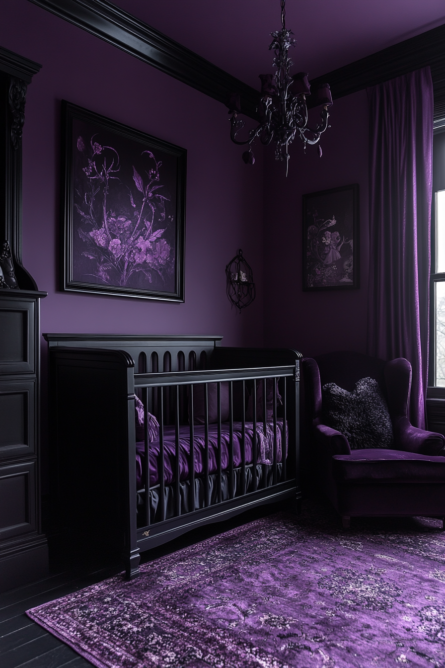 Nursery with deep purples, soft blacks, cozy atmosphere.