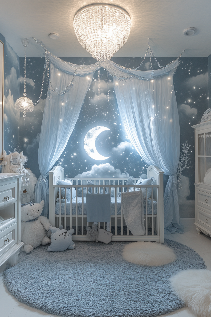 Nursery with moonlit wallpaper, starry rug, crib, gentle lighting.