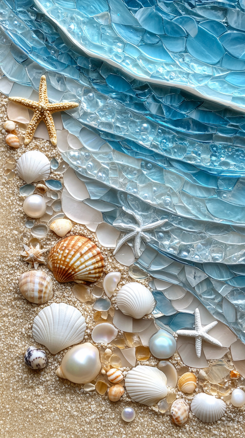 Ocean's edge mosaic depicting sea, sand, shells, starfish