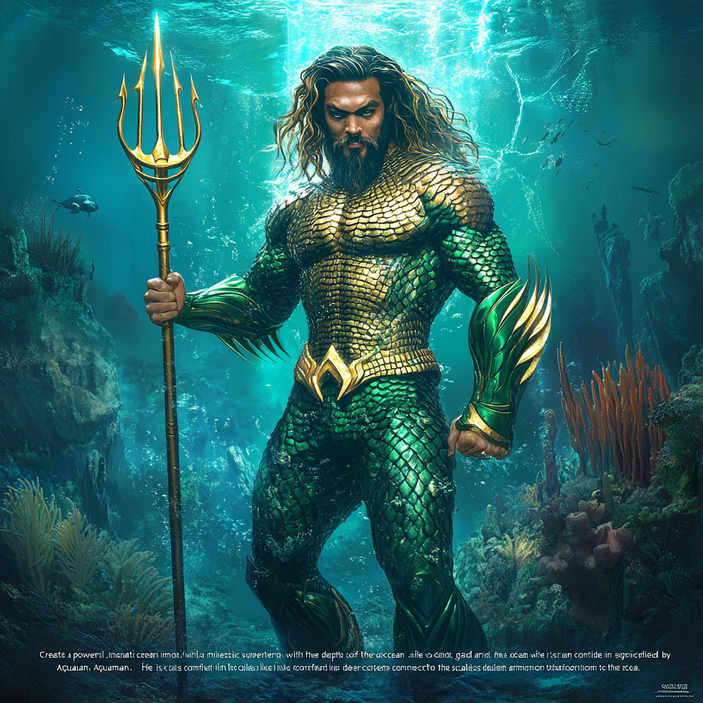 Ocean superhero with trident, surrounded by underwater kingdom dominance.