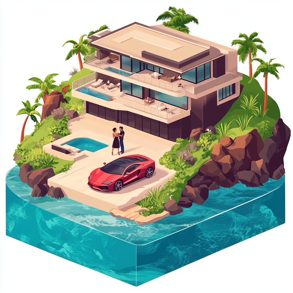 Oceanfront luxury home in Hawaii with supercar and couple.