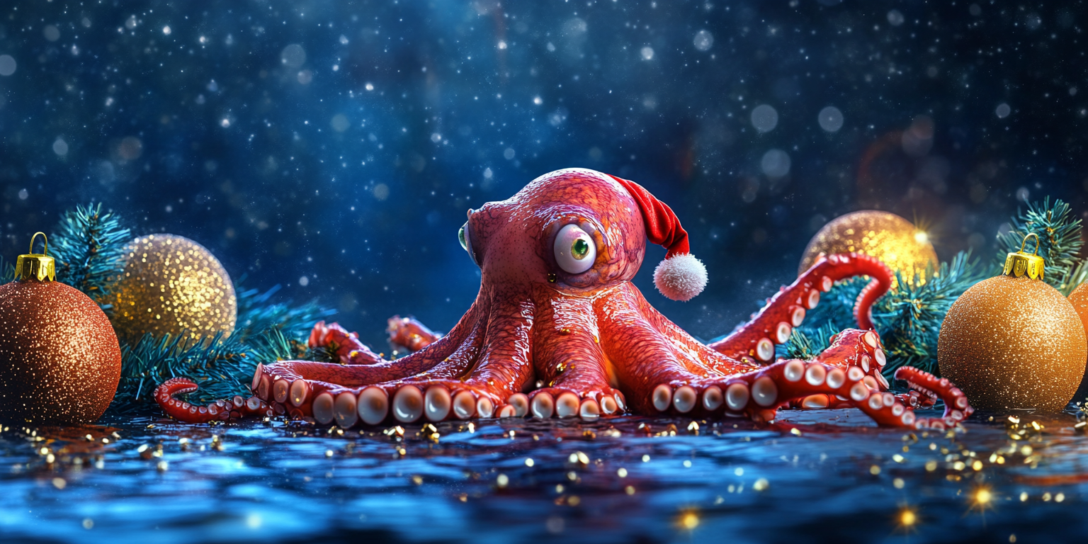 Octopus Santa with Christmas balls in blue water