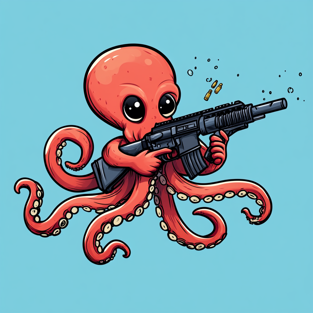 Octopus with gun emojis shooting ink, distracted.