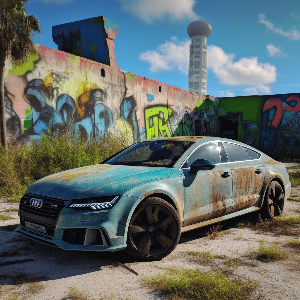 Off road Audi A7 on post apocalyptic Miami Beach.