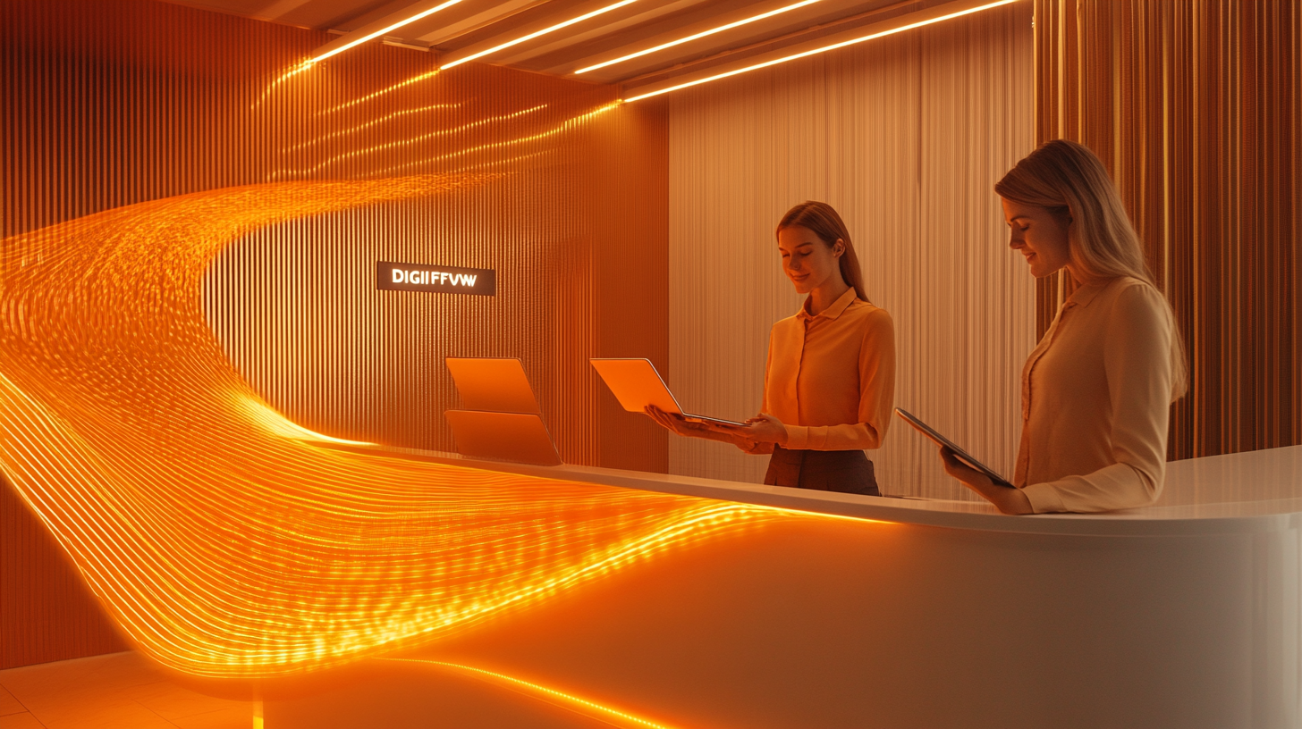 Office Ladies Connecting via Futuristic 'Digiflow' Energy Wave