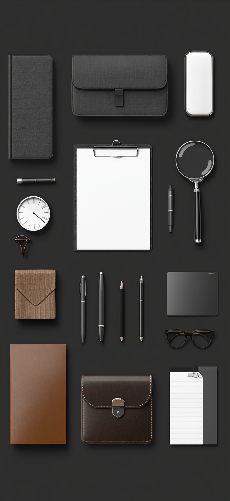 Office Supplies on Dark Gray Background: A Photorealistic Image.