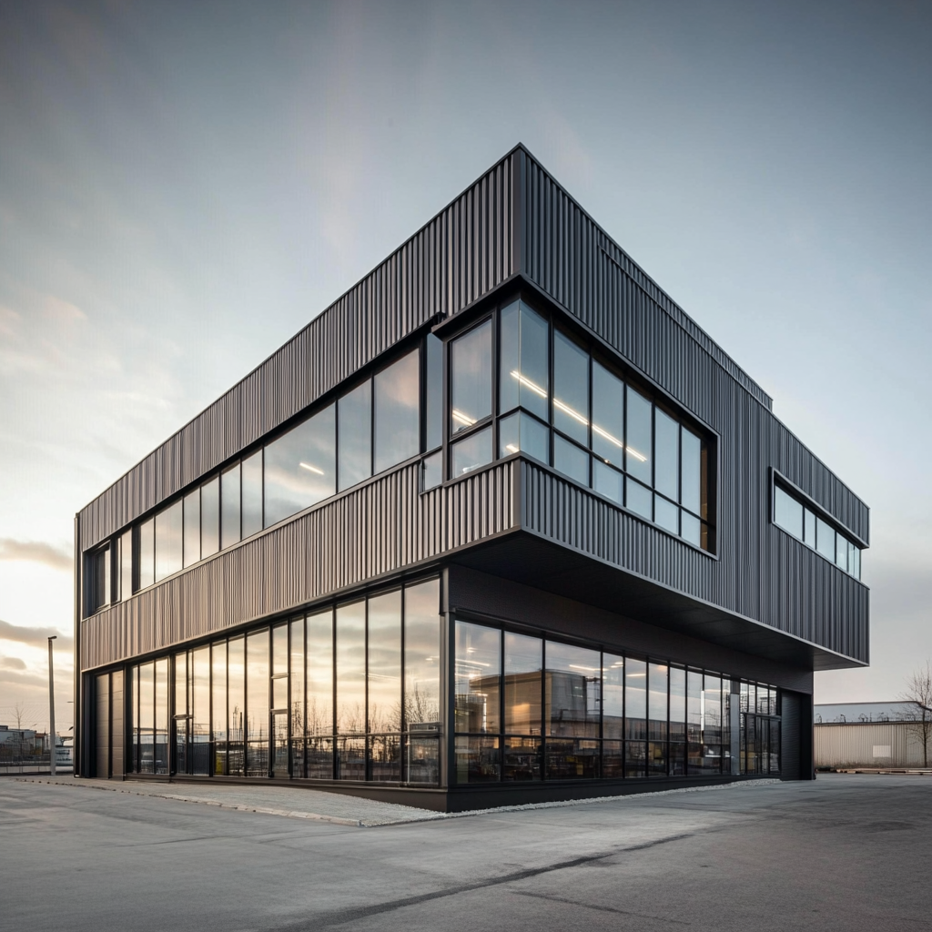 Office in Industrial Hall with Googie Style Facade