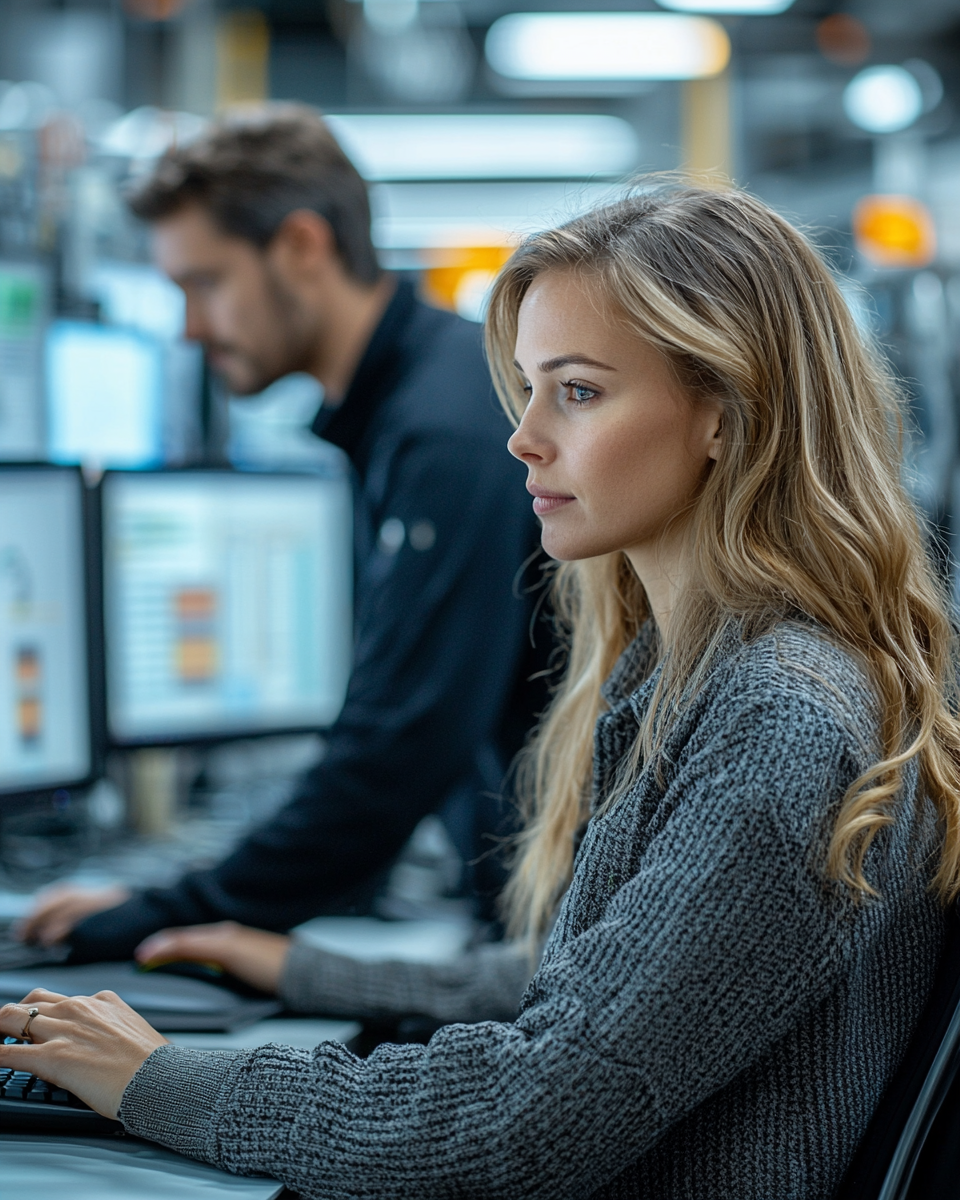 Office professionals working at computers in large office