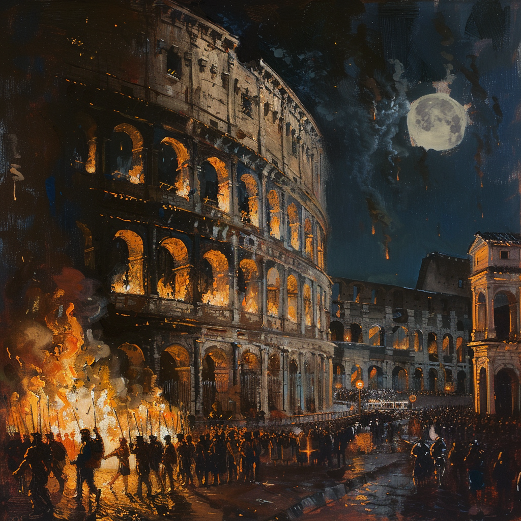 Oil painting Roman Coliseum at night with torches.