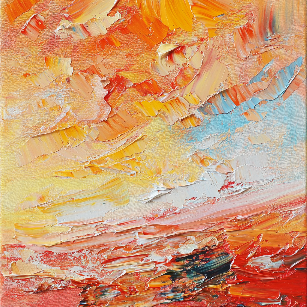 Oil painting for home office, warm colors, small knife marks.