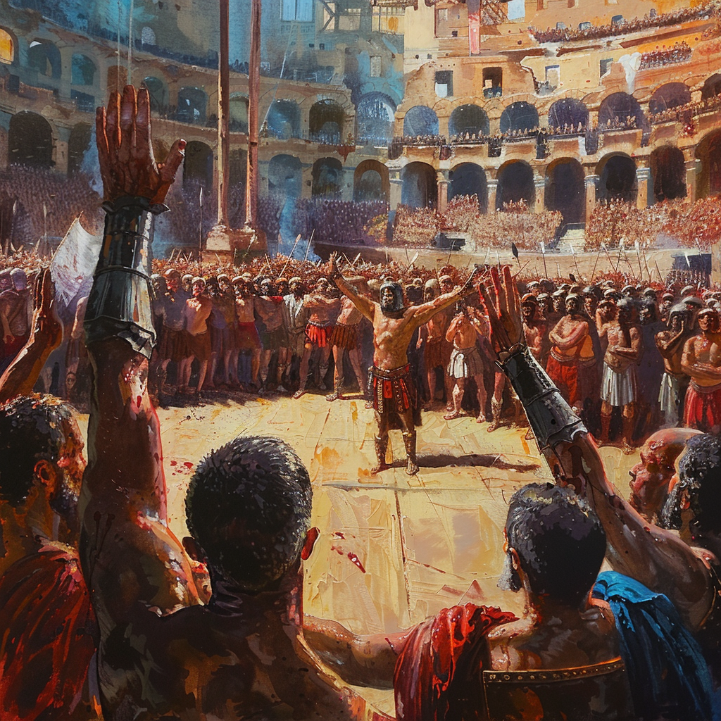 Oil painting of Coliseum crowd deciding fate of gladiator.