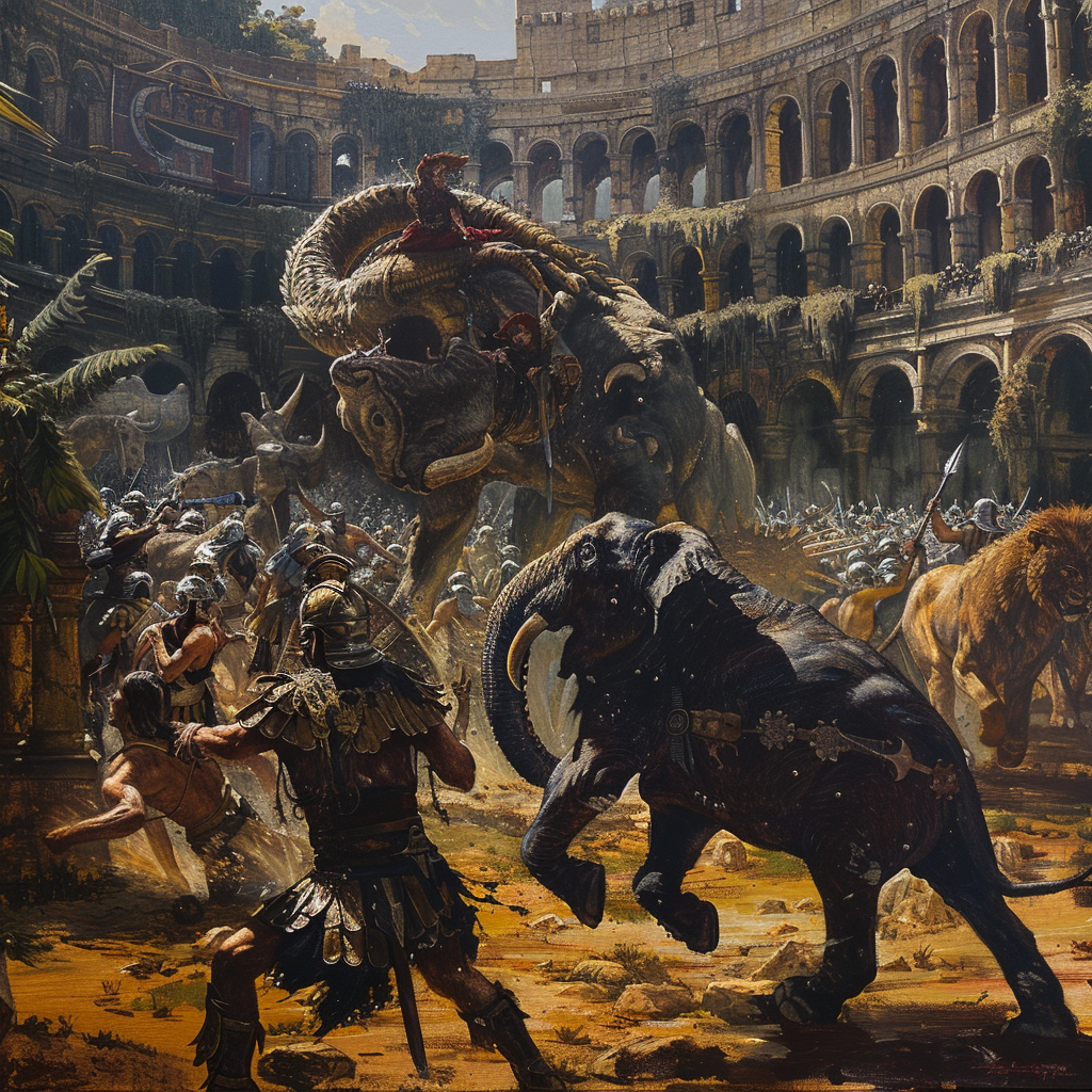 Oil painting of Roman Coliseum venatione event hunters.