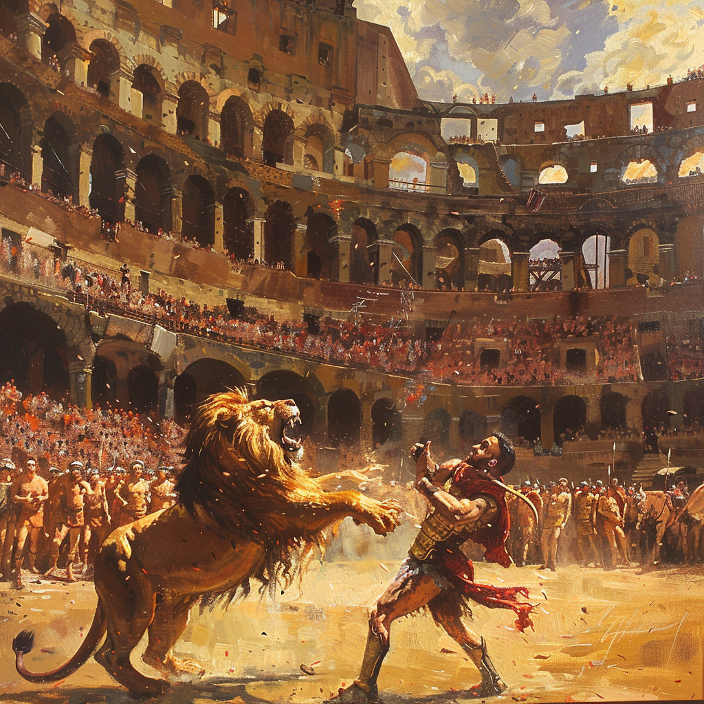 Oil painting of Roman Coliseum venatione with lion.