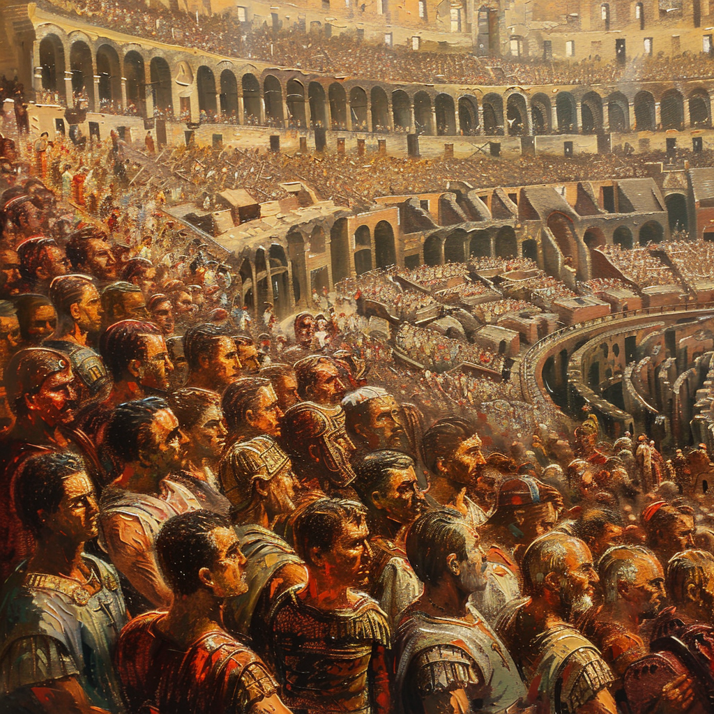 Oil painting of Roman Coliseum with diverse spectators.