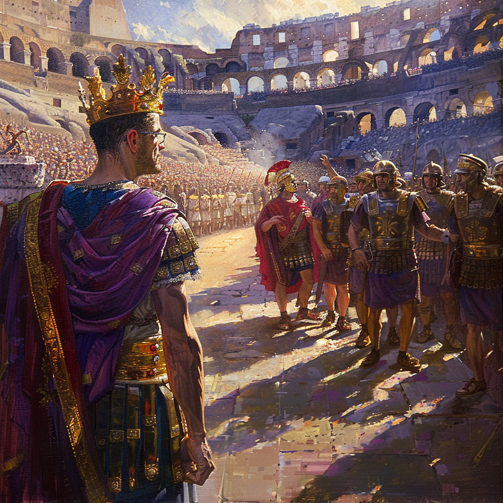 Oil painting of Roman emperor entering Coliseum, majestic scene.