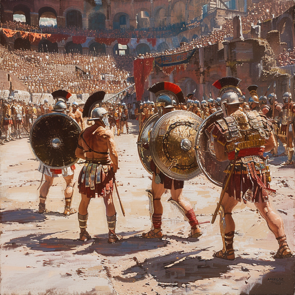 Oil painting of Roman gladiators entering arena. Spectators watch.