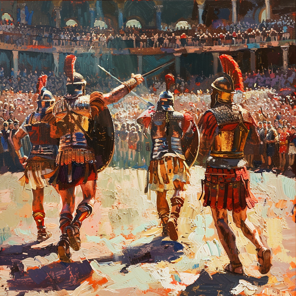 Oil painting of Roman gladiators in arena, crowd cheers.