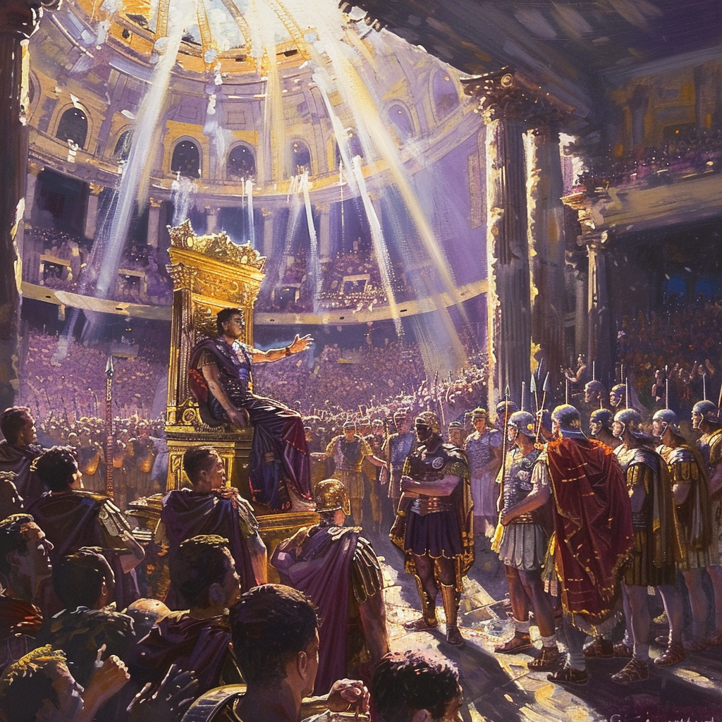 Oil painting of emperor's grand entrance into Roman Coliseum.