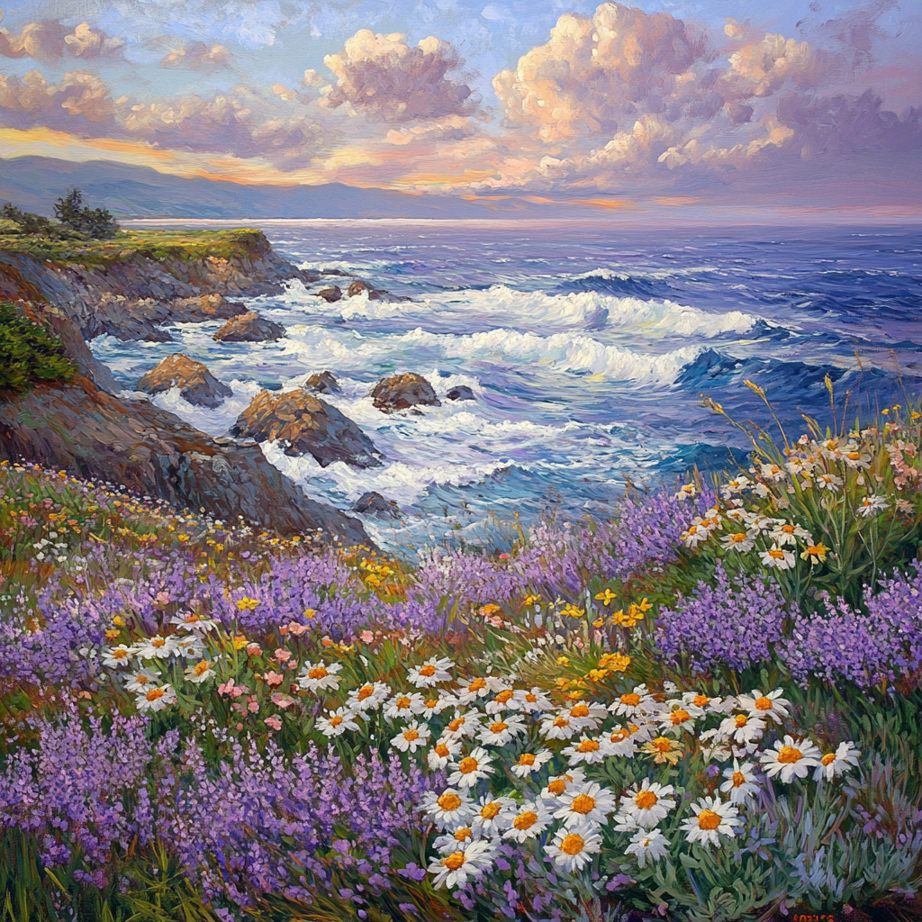 Oil painting of rocky coast, flowers, crashing waves, dramatic sky.