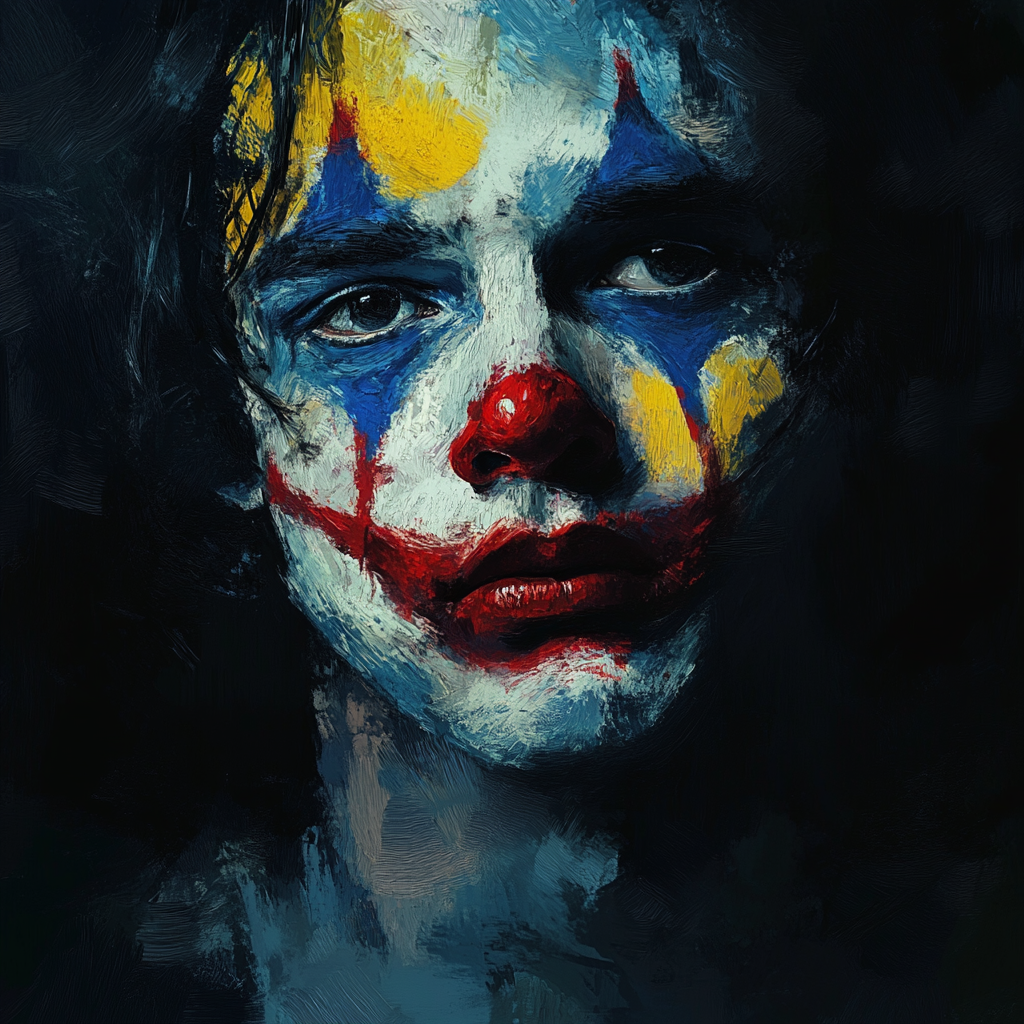 Oil painting of sad young man with clown makeup