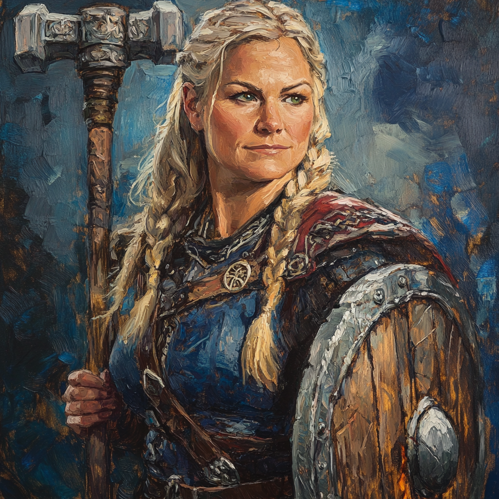 Oil painting of shield maiden dwarf cleric warrior.