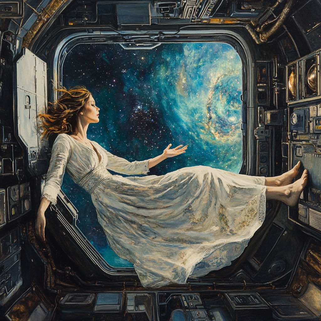 Oil painting of woman floating in space station habitat.