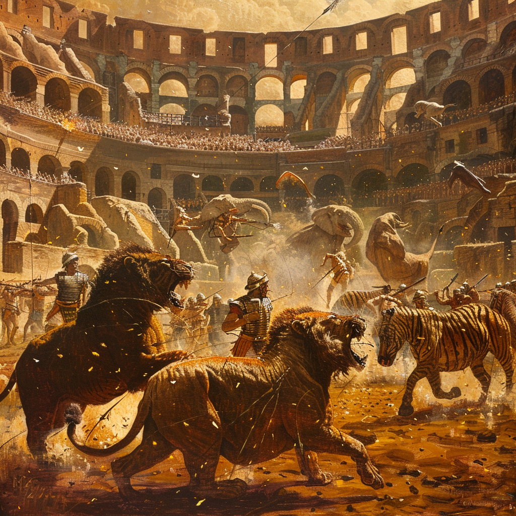 Oil painting shows exotic animals, Roman hunters battling.