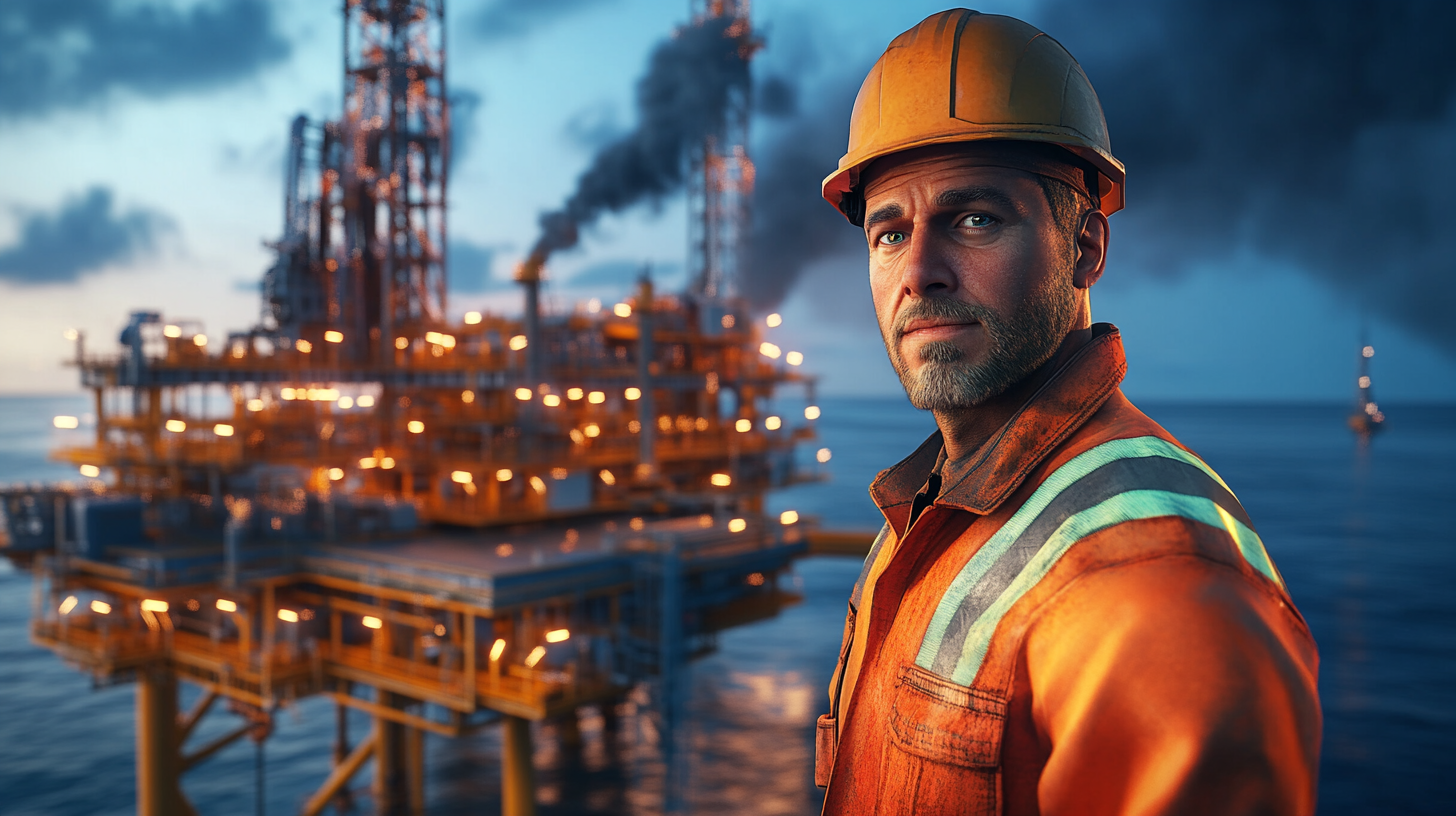 Oil rig worker on game cover, realistic 3D art.