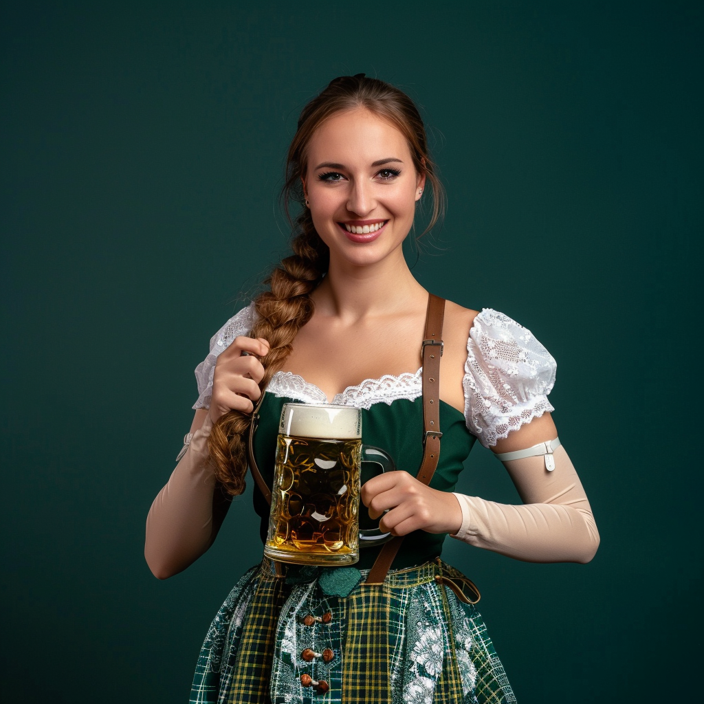 Oktoberfest Woman in Green Dirndl Holding Beer