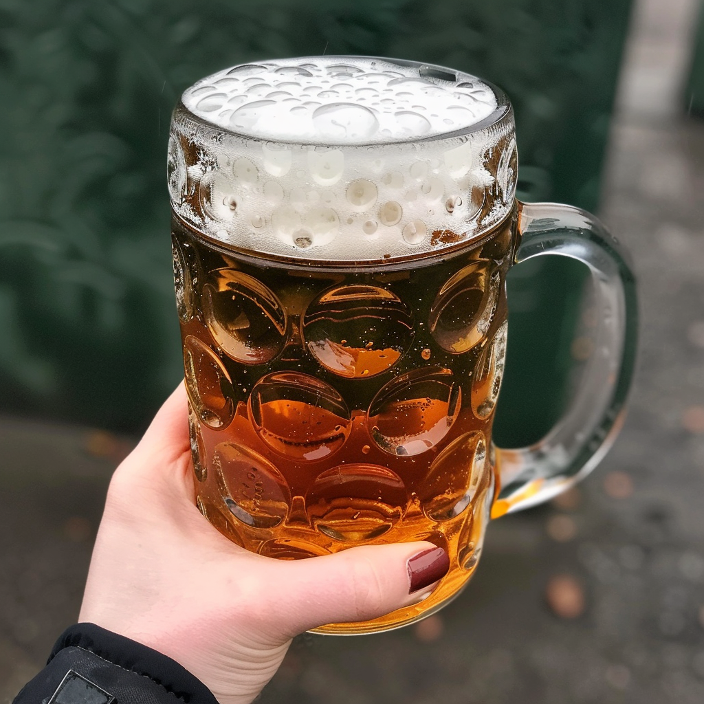 Oktoberfest beer mug on cold ground, woman's hand