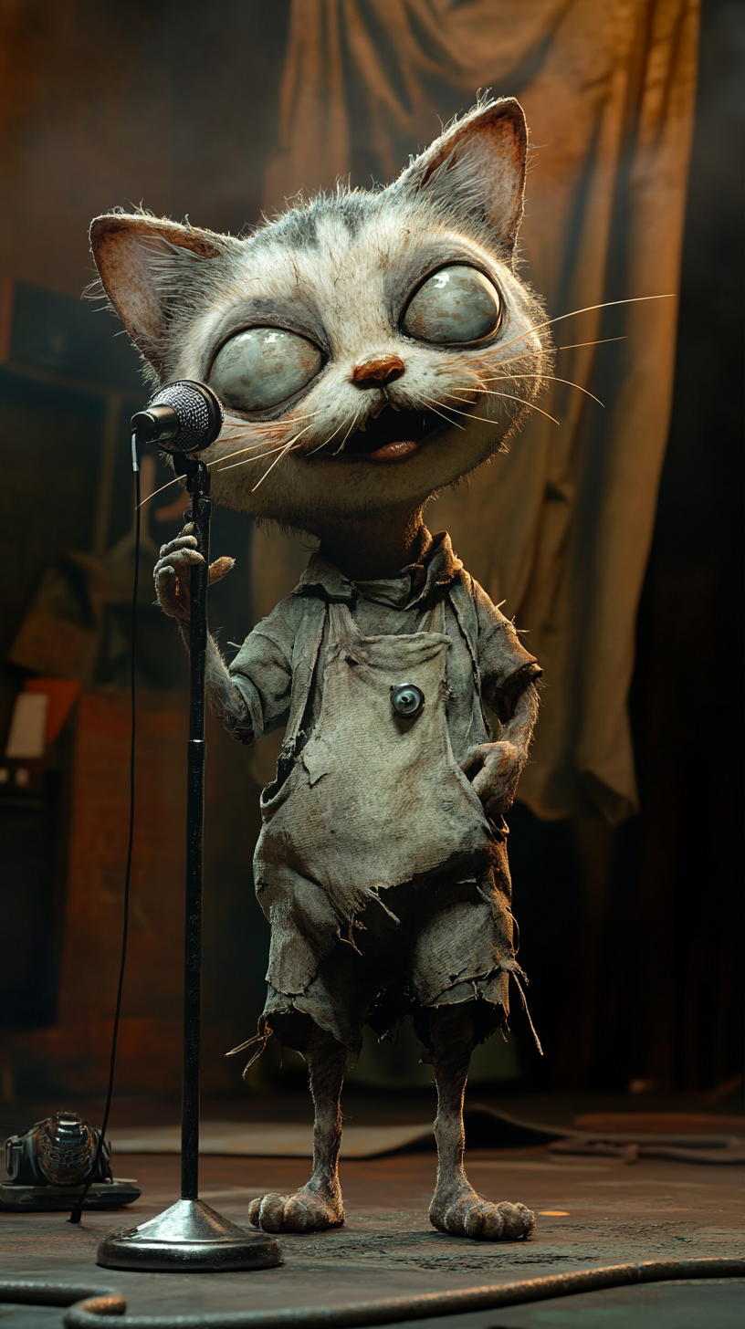 Old, ragged cat singing on dimly-lit stage.