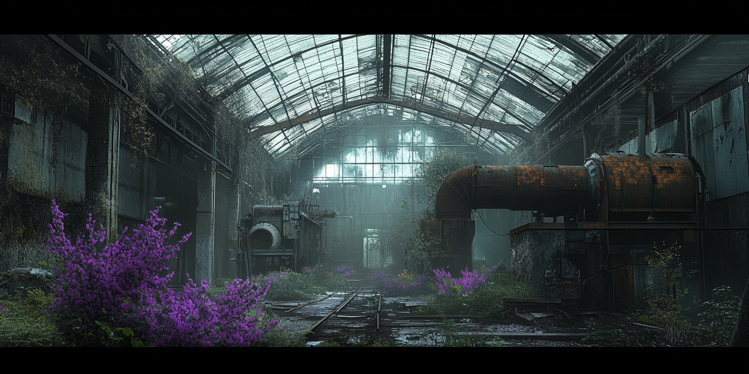 Old, rusted industrial building with colorful flowers inside.