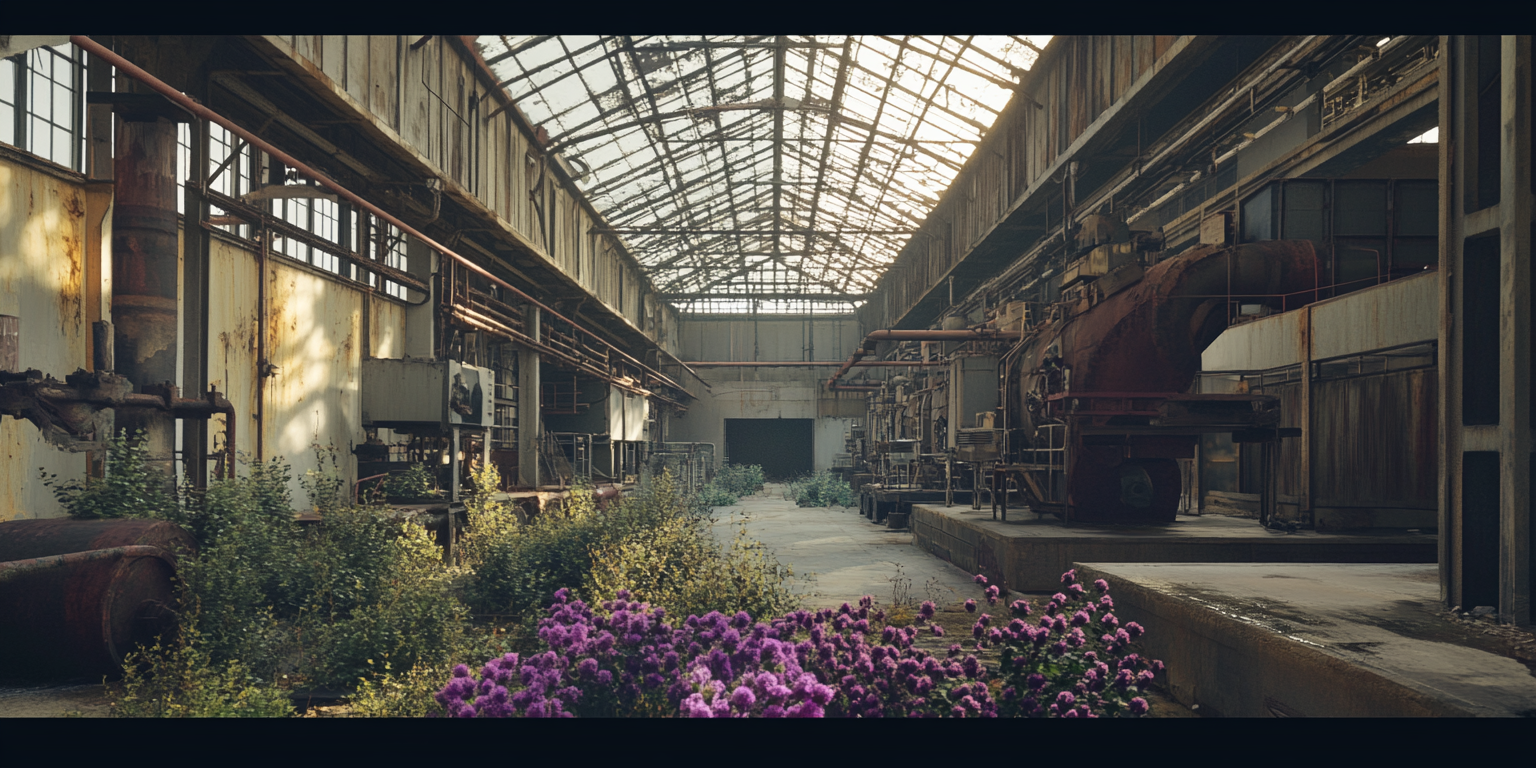 Old, rusty industrial building with colorful flowers inside.