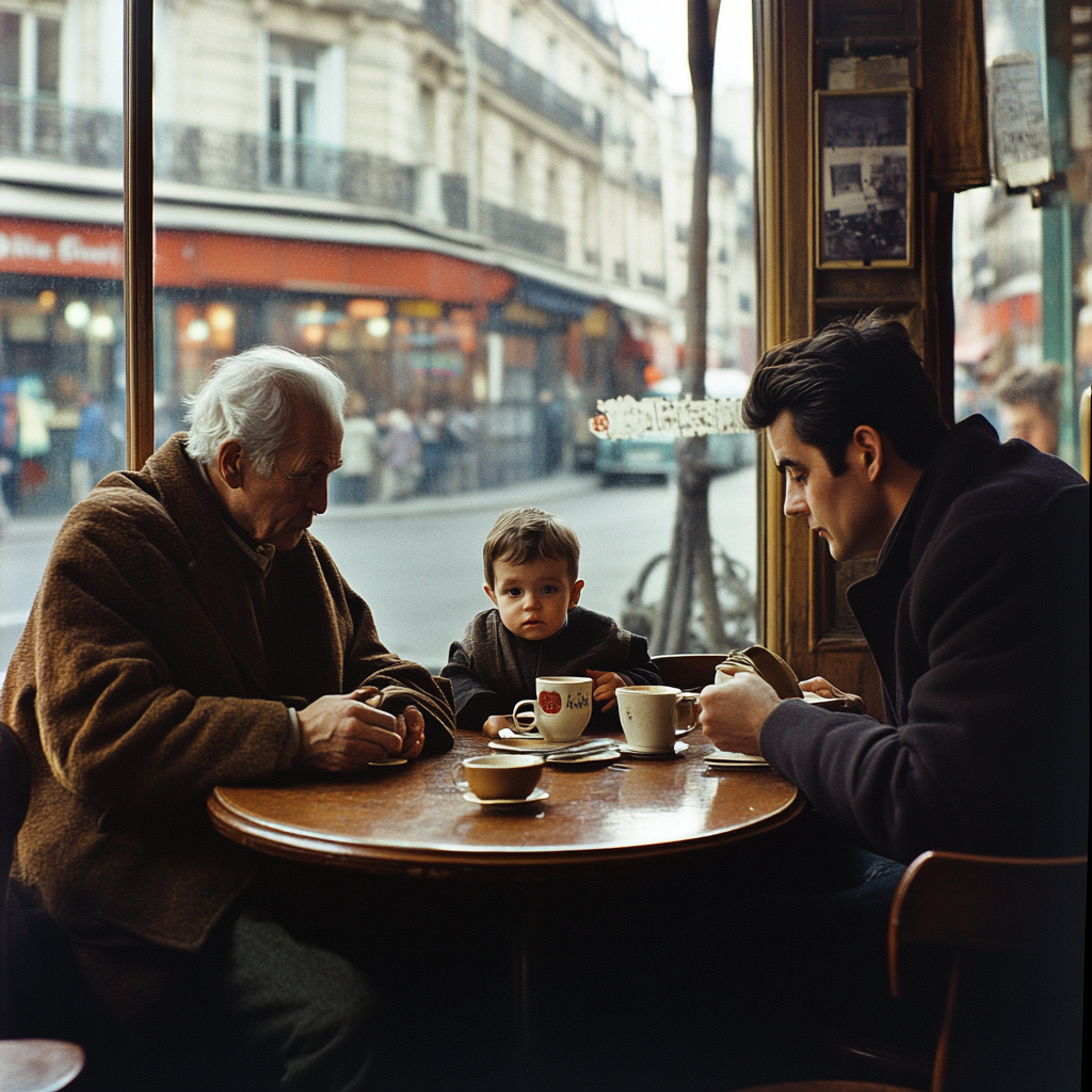 Old, young, and toddler discussing philosophy in Paris café.