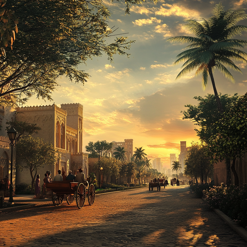 Old Abu Dhabi city view, horse carriages, camel carriages.