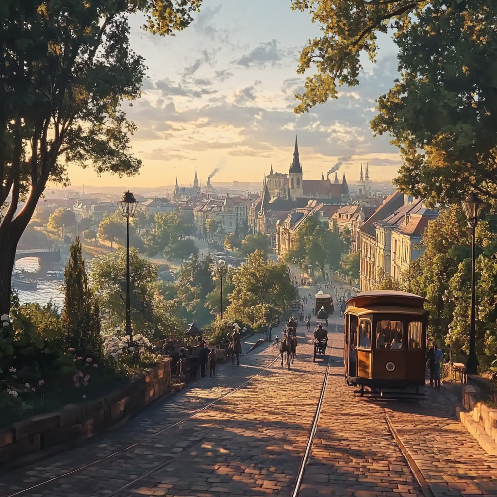 Old Budapeste city view, 1900s realistic photography render.