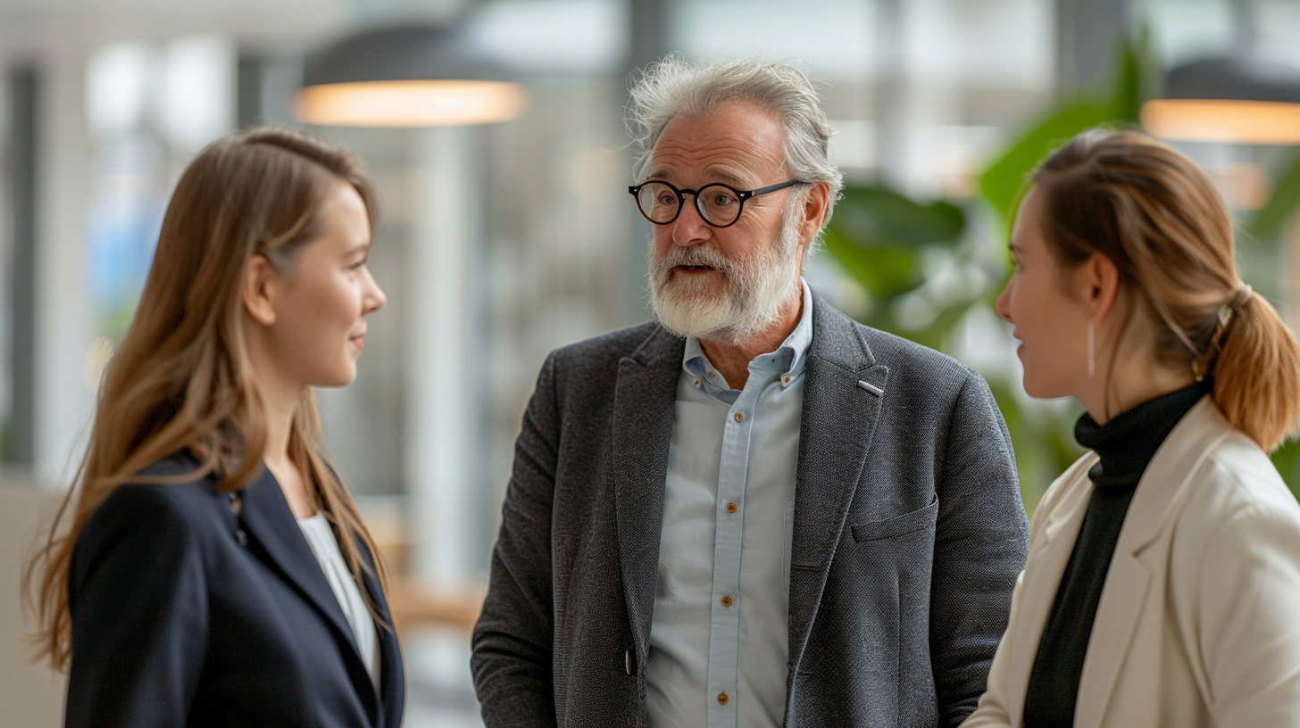 Old CEO talking to young managers in office.