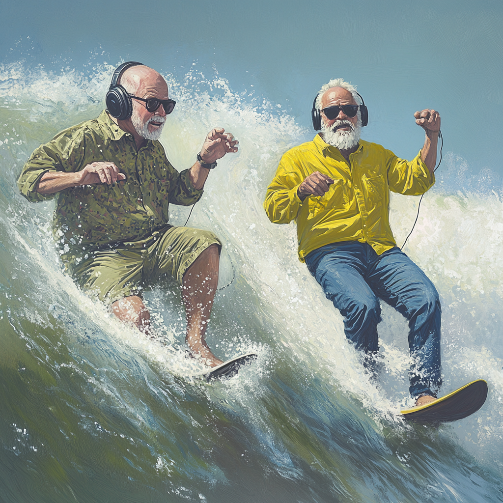 Old DJs with albums surfing wave in Malibu.