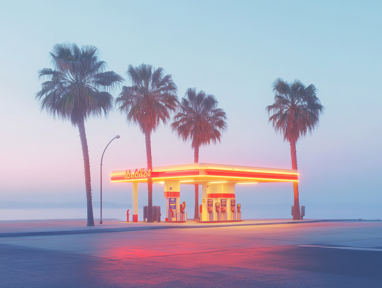 Old Gas Station by Sea with Palm Trees