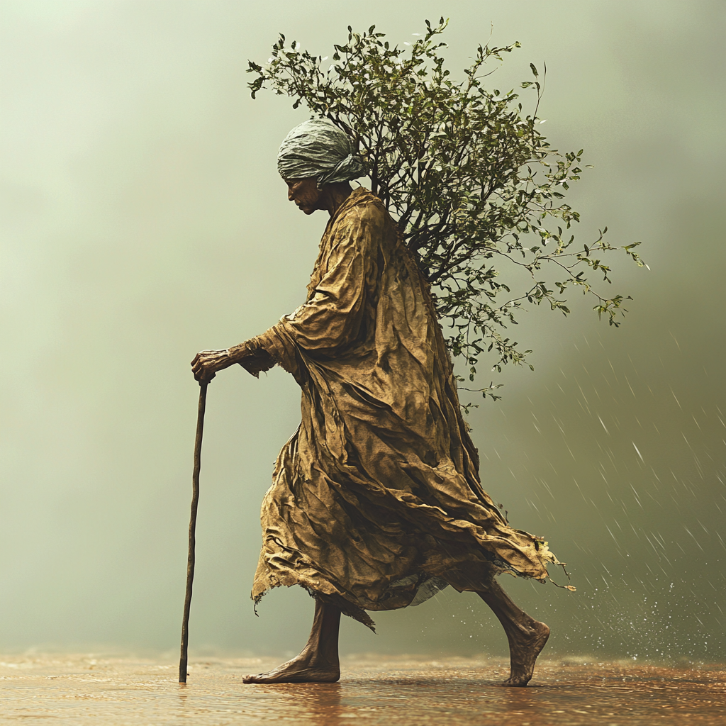 Old Haitian woman with walking stick, blooming trees.