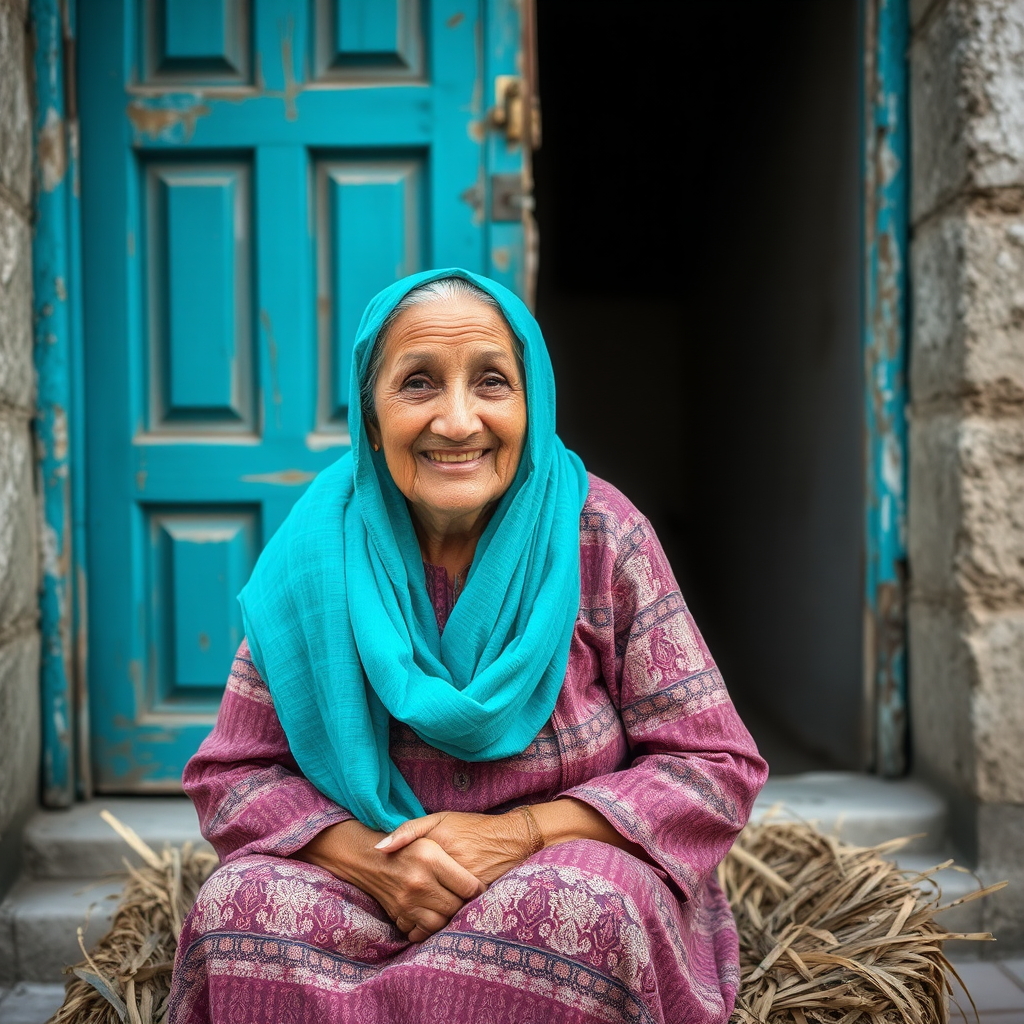 Old Iranian woman in traditional dress smiles